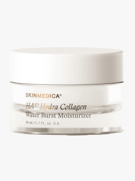 A jar of SkinMedica HA5 Hydra Collagen Water Burst Moisturizer on a light gray background